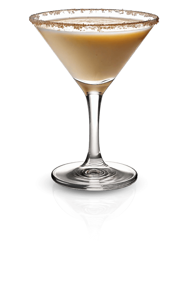 A Salted Hazelnut Martini served in a classic martini glass with a creamy, light beige hue and a salted rim